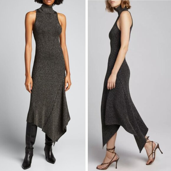 NEW A.L.C. Parker Metallic Asymmetric Turtleneck Midi Dress Ribbed Sleeveless - Picture 1 of 9